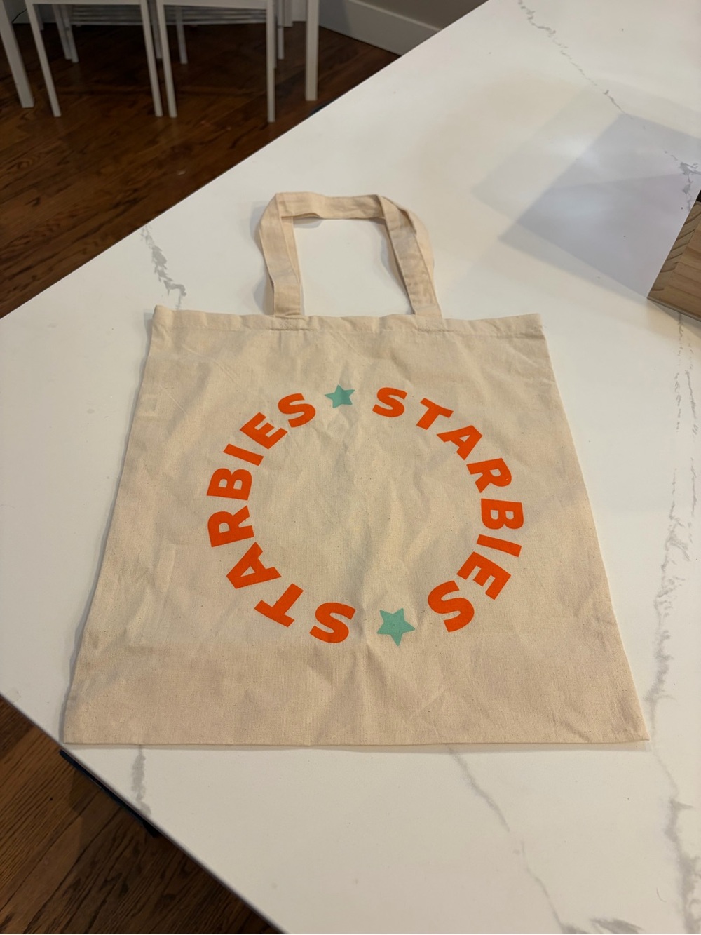 Starbucks Cream Canvas Tote with Orange Logo and Teal Stars